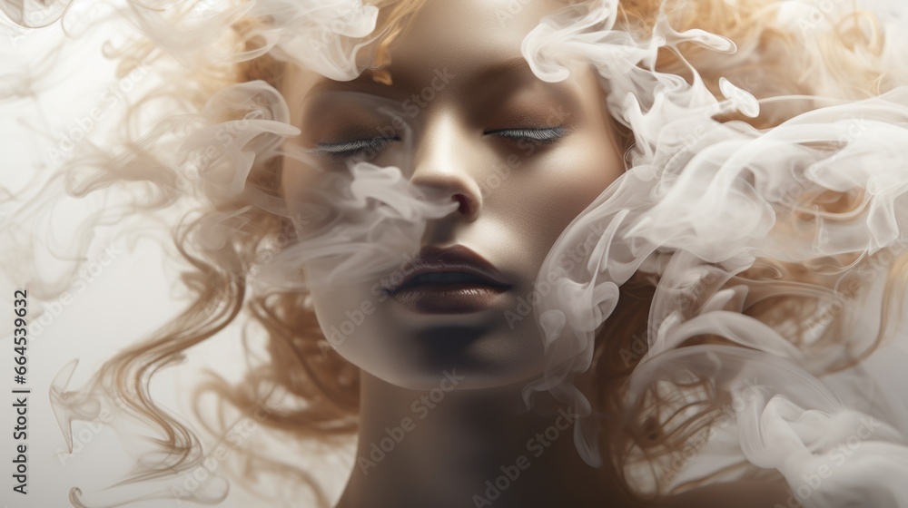 A beautiful woman's face shrouded in smoke. Abstract image of dreams, memories, feminine beauty. A beautiful woman's face shrouded in smoke. Abstract image of dreams, memories, feminine beauty.