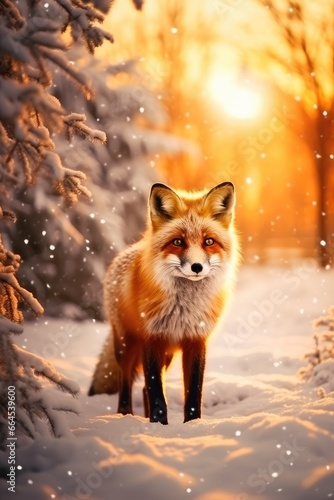 Beautiful vulpes fox against the backdrop of a snowy winter forest with a bushy tail, hunting in the freshly fallen snow in the park. wild forest animals. © AndErsoN