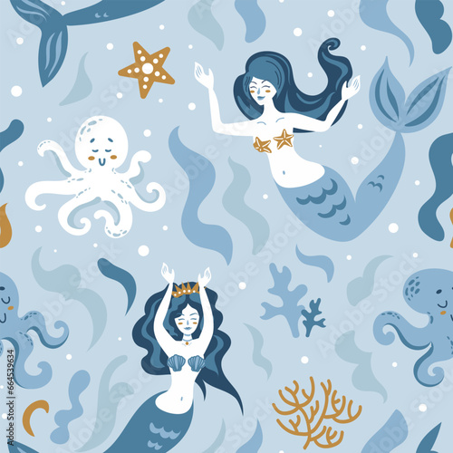 Mermaid and octopuses, corals and algae. Ocean, fairy-tale creatures, seabed. Cartoon child character in flat style. Marine life. Seamless pattern for nursery, wallpaper, fabric, wrapping, background