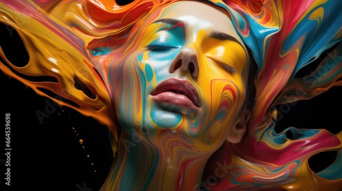 Beautiful woman's face painted with paints. Abstract image for interior design. Women's beauty, makeup and paint.