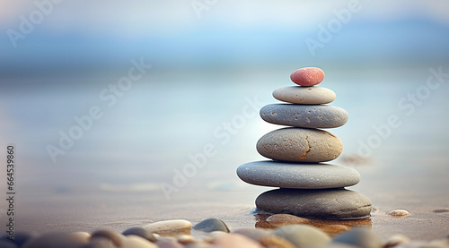 Round zen stones for meditation and concentration on the blurred beach background with copy space. Calm mood wallpaper. Balance concept.