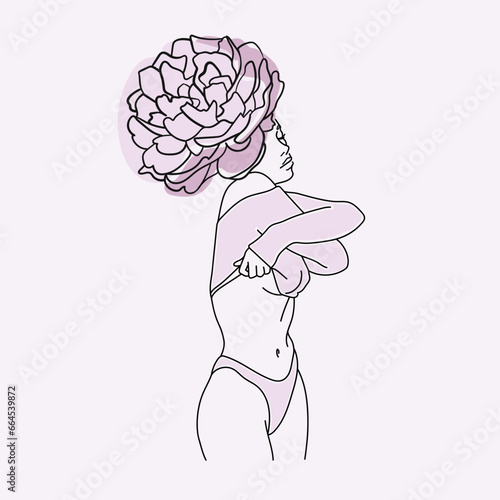 Woman pink flowers one line continuous drawing illustration. Peony of a woman's head. Womens day. Wedding vector illustration