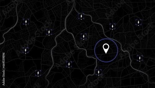 Huge city top view. Tracking path and route. vector. Location EV charging station location mark on gps navigation map a lot with fast supercharger station. Path turns and destination tag or mark.