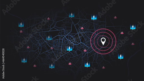Huge city top view. Tracking path and route. vector. Location EV charging station location mark on gps navigation map a lot with fast supercharger station. Path turns and destination tag or mark.