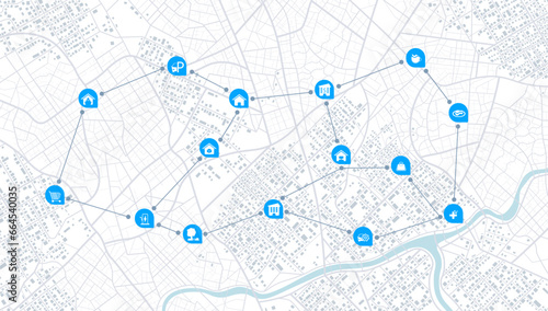 Abstract transportation background with POI. Transportation-related designs, promotional materials. Establishments, gas stations, parks, restaurants. Streets, blocks, route for movement on the streets