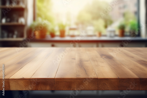 Empty wooden tabletop on blurred kitchen background for mockups. Natural day light. Promotion background. © Iryna