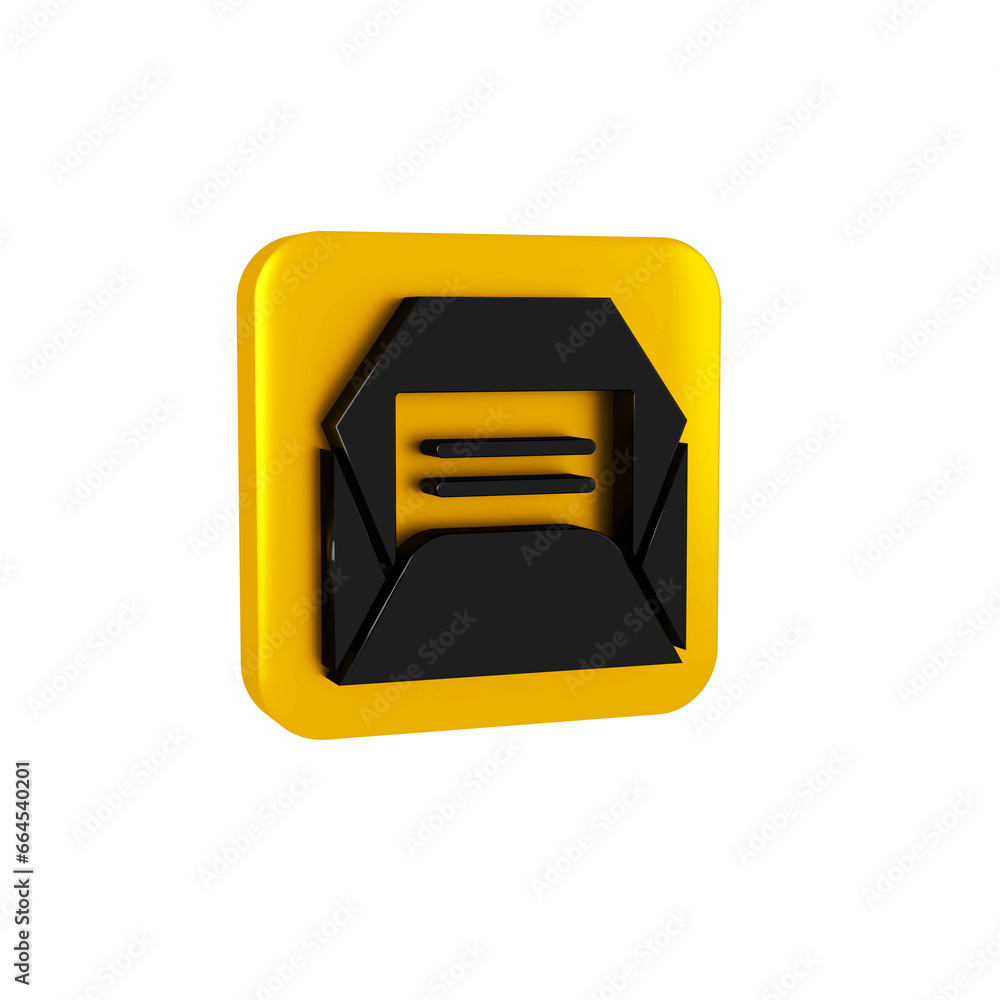 Fototapeta premium Black Envelope icon isolated on transparent background. Received message concept. New, email incoming message, sms. Mail delivery service. Yellow square button.