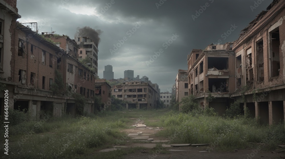 An abandoned city street with dilapidated buildings, abandoned buildings