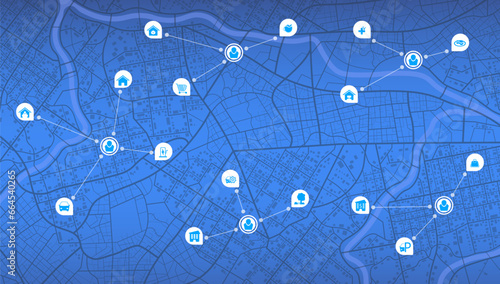 Abstract transportation background with POI. Transportation-related designs, promotional materials. Establishments, gas stations, parks, restaurants. Streets, blocks, route for movement on the streets