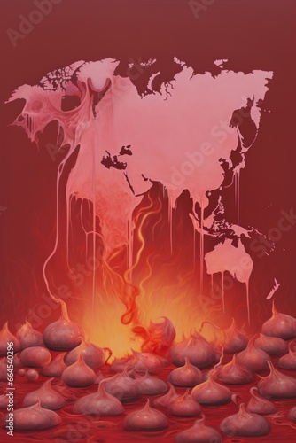 A surreal depiction of a burning lychee superimposed onto a world map, suggesting a unique and otherworldly catastrophe.