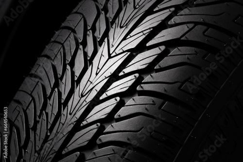 Black car tire surface texture pattern, close up
