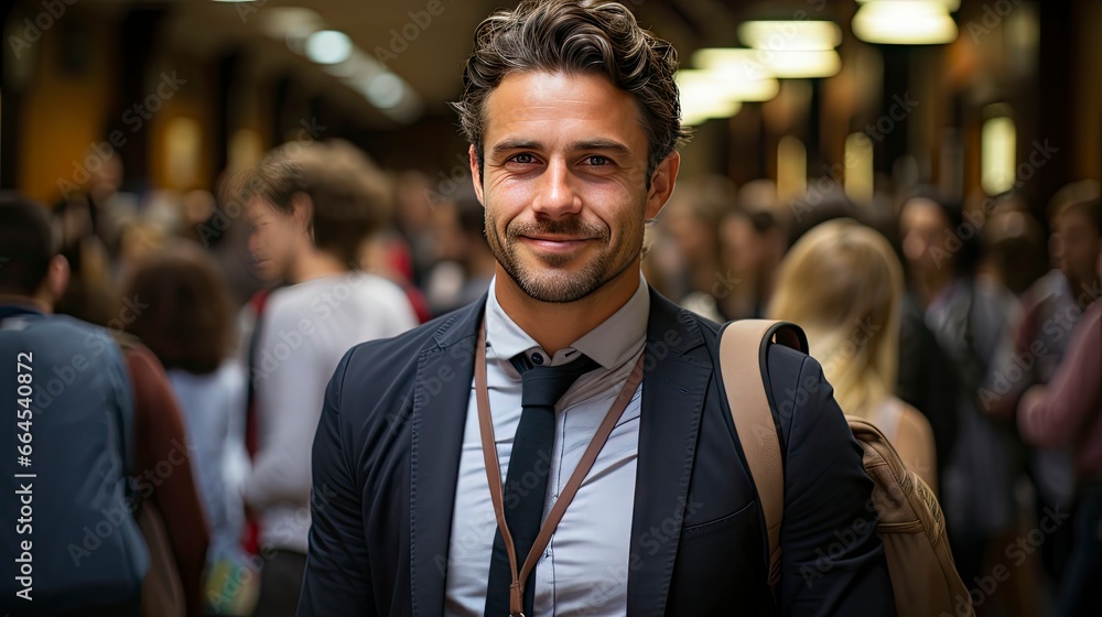 Confident man stands out in busy crowd, radiating charisma. Confident man stands out in busy crowd, radiating charisma.
