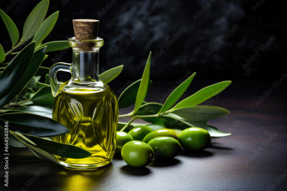 Olive oil and olive fruit on the table close up Olive oil and olive fruit on the table close up