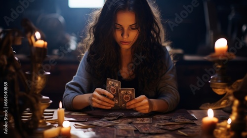 Fotografie, Obraz Fortune teller woman sitting in the room and making a layout with tarot cards