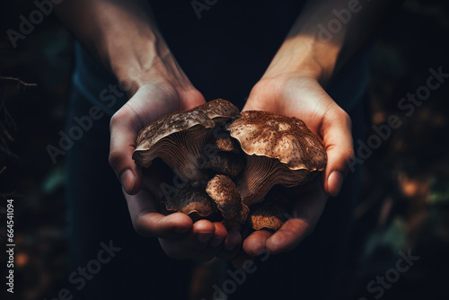 Hand holding mushroom close up