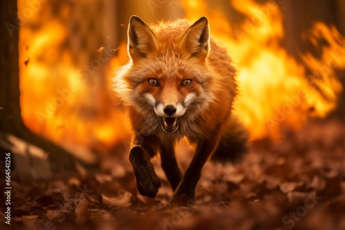 A powerful photograph capturing a fox bounding through the fiery forest, its fur illuminated by the intense blaze, showcasing the fight for survival.