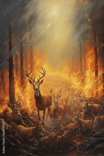 A poignant image capturing a group of deer frantically fleeing through a forest ablaze, their eyes wide with fear as the flames approach. © Oleksandr