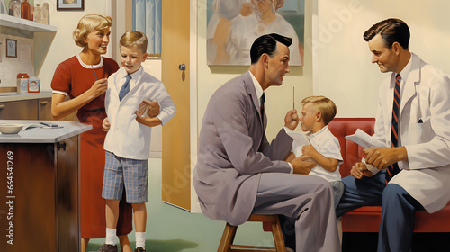 Child receiving treatment and doctor, 1940s painting. Generative AI