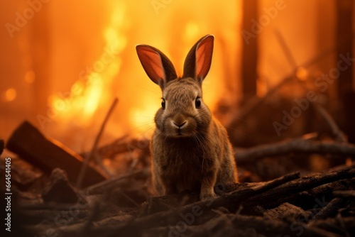 An emotional image showcasing a lone rabbit darting desperately through the flames, a heartbreaking testament to the devastating impact of wildfires on wildlife.