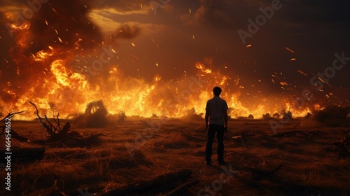 A farmer gazing out at a wheat field set ablaze, viewed from behind, as flames dance amidst the crops.