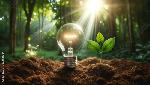 Radiant light bulb and a young green plant symbolizing natural growth, human innovation, sustainable energy, harmony between nature and technology