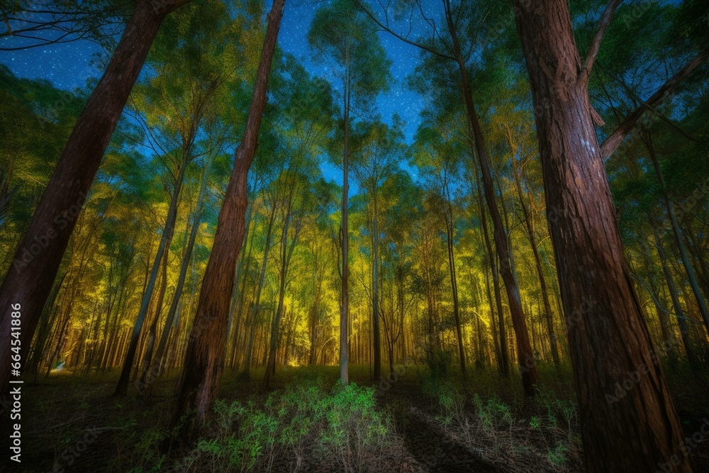 Obraz premium A forest of tall trees with a blue sky and a yellow glow on the ground under a green sky. Generative AI