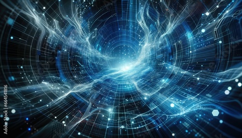 Blue-toned abstract background emanating a high-tech aura. Neon trails, intricate digital grids, and interconnected nodes dominate the scene, portraying an advanced technological realm.