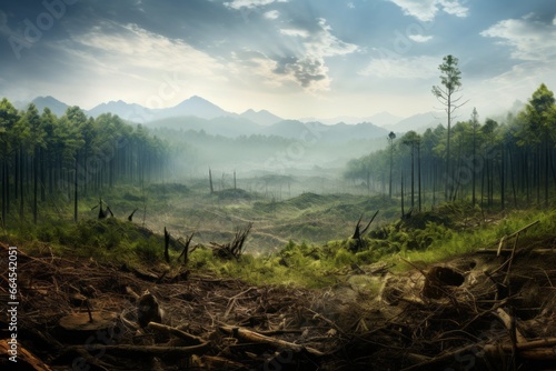 An image depicting a deforested area contrasted with a lush, untouched forest, illustrating the impact of deforestation on the environment and biodiversity. © Oleksandr