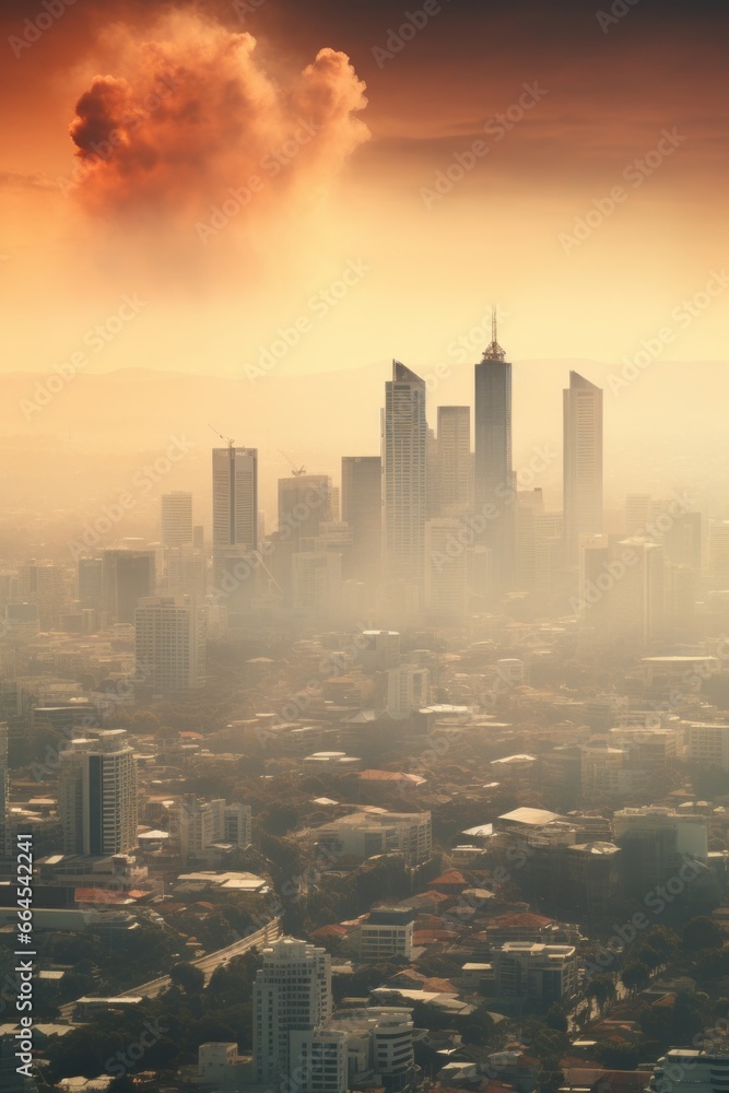 An image of a city skyline covered in smog and haze, highlighting the problem of air pollution and its health implications for humans and the ecosystem.
