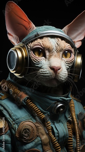 A cat in a space suit with headphones on Sphynx cat character. © Friedbert