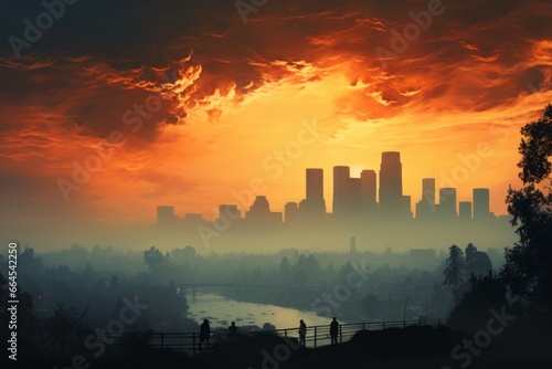An image of a city skyline covered in smog and haze  highlighting the problem of air pollution and its health implications for humans and the ecosystem.