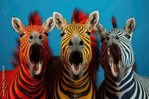A group of zebras with their mouths open