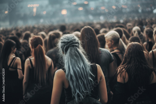 Back view of young woman with long blue hair at metal music concert festival