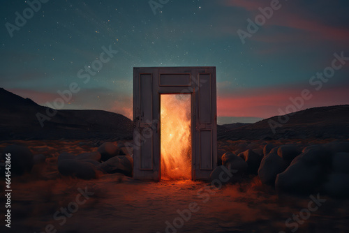 portal door frame free standing in the middle of nowhere in pastel landscape nature fantasy concept surreal in magazine cover editorial textured film look