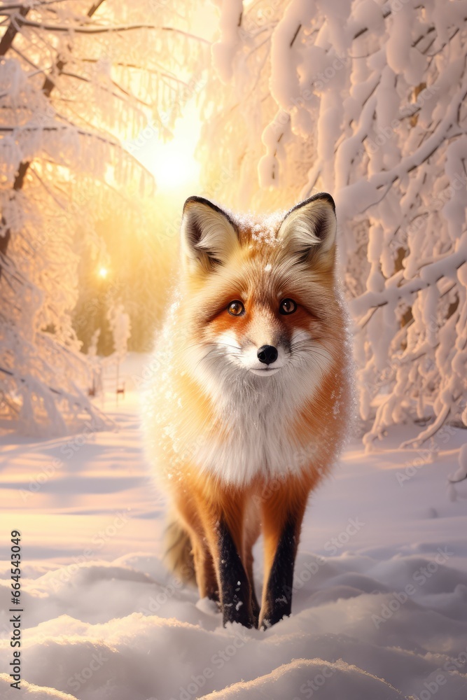 Fototapeta premium Beautiful vulpes fox against the backdrop of a snowy winter forest with a bushy tail, hunting in the freshly fallen snow in the park. wild forest animals.