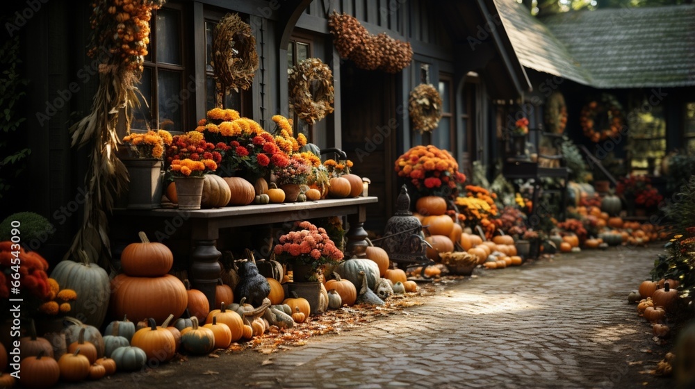 A front porch adorned with Halloween-themed decorations, including a pumpkin jack o' lantern and flowers, contributing to the seasonal decor .