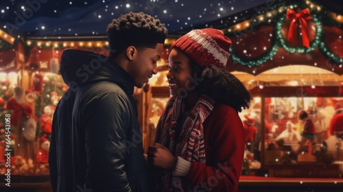 Young afro-american couple strolling through the Christmas market, enjoying the holiday atmosphere