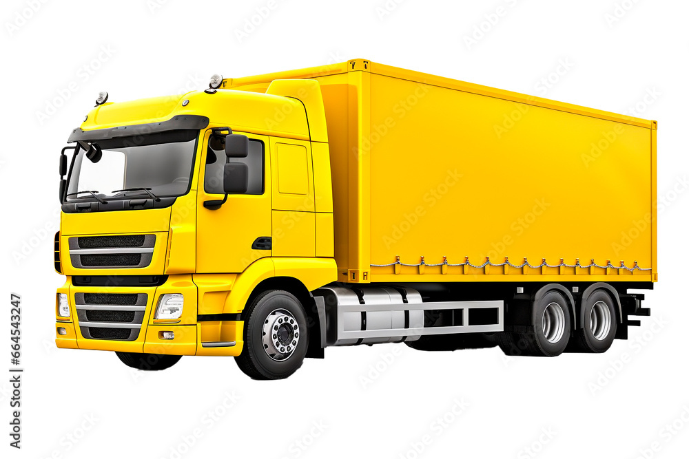 Yellow Truck with container, cargo transportation concept, isolated on transparent background