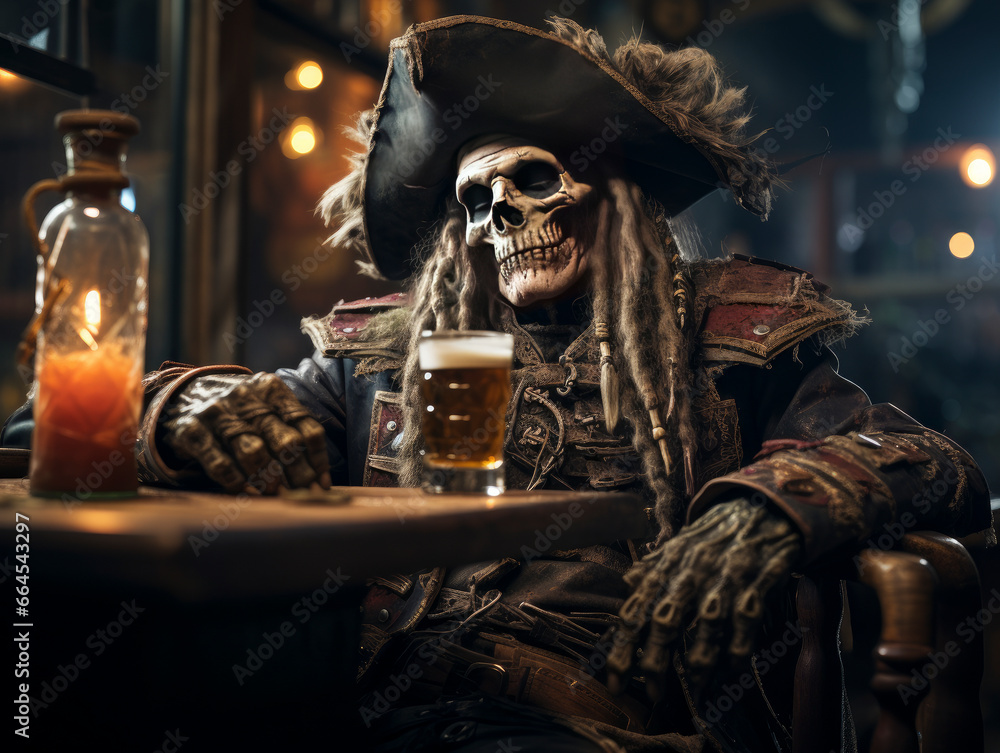 A skeleton dressed as a pirate celebrates with a beer A skeleton dressed as a pirate celebrates with a beer