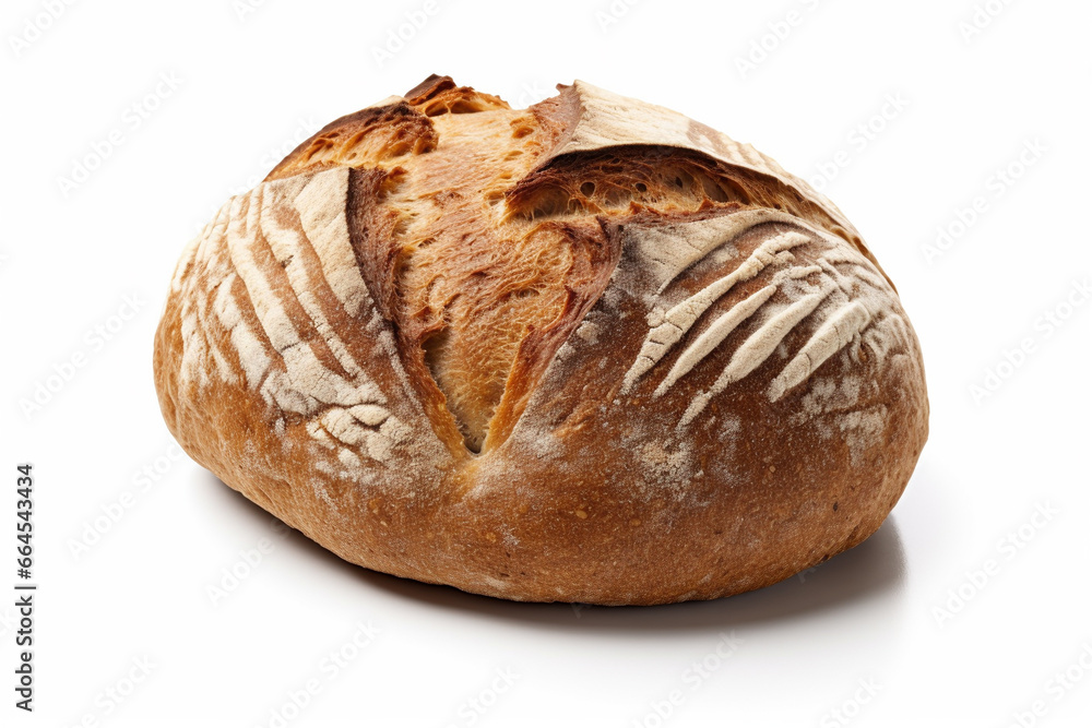Whole loaf of bread in front of white background