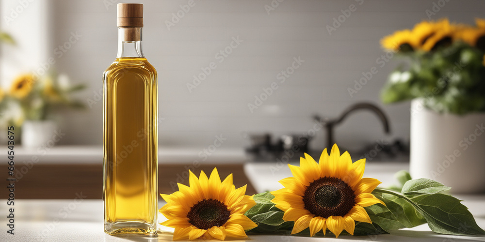 Bottle of sunflower oil in the white light kitchen with wooden facades and appliances. Bottle of sunflower oil in the white light kitchen with wooden facades and appliances.