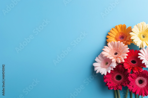 minimalistic blue background with gerberas, top view with empty copy space