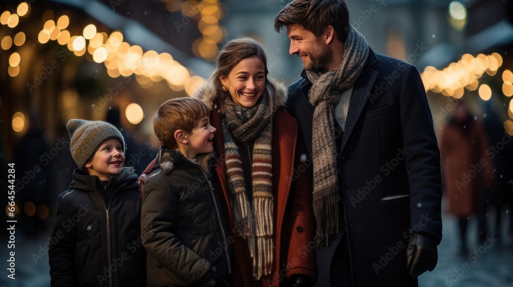 A happy family strolling by the Christmas Market, savoring the festive atmosphere