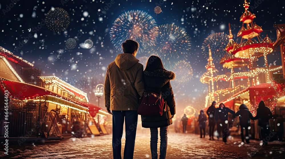 The couple is strolling through the Christmas market, enjoying the holiday atmosphere and New Year's firework. back view