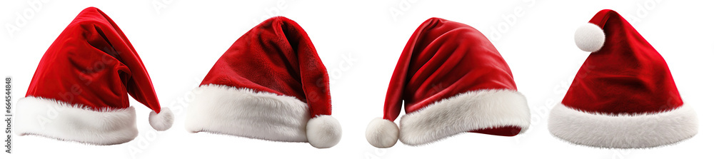 Collection of red santa hats isolated on white background - obrazy, fototapety, plakaty 