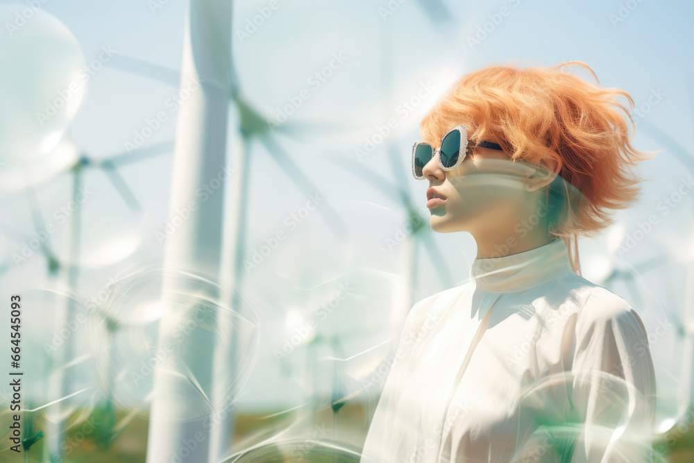 Solarpunk Aesthetics - Woman gazing at a horizon of windmills and biodomes - AI Generated Solarpunk Aesthetics - Woman gazing at a horizon of windmills and biodomes - AI Generated