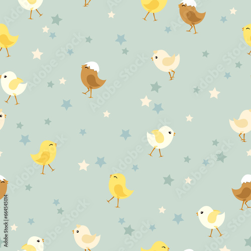 Seamless pattern with cute funny Easter chickens and star illustration for greeting card, invitation, wrapping paper, holiday design
