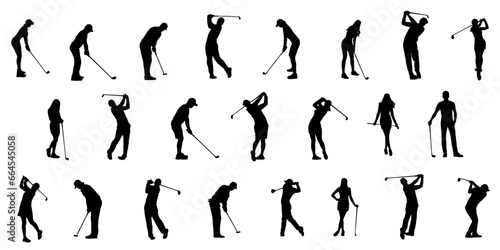 set of silhouettes of golfers vector