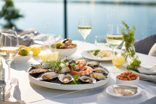 Seacuterie - Table spread with various marine delicacies  complemented by fresh herbs and wines - AI Generated