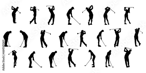 set of silhouettes of vector golf player